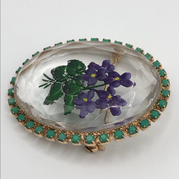 Vintage Reverse Hand Painted Glass Rhinestone Pin - Picture 8 of 9